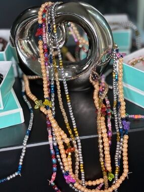 Multi-Strand Beaded Necklace - Peach, Silver & Multicolor
